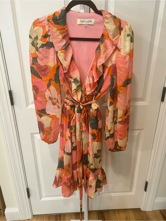 Taylor Dresses & Skirts - Taylor Pink and Orange Floral Ruffled Wrap Dress